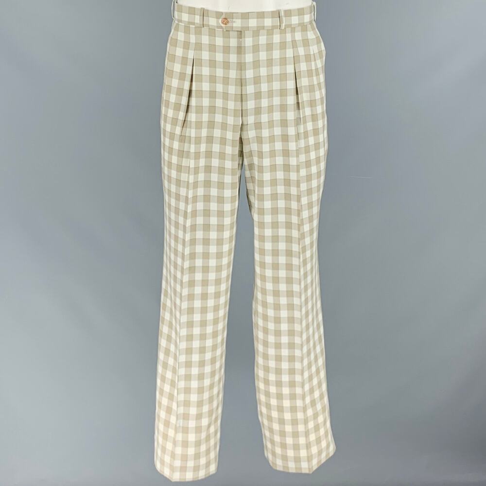 PRONTI Size 34 Cream Taupe Checkered Polyester Wide Leg Pleated Dress Pants